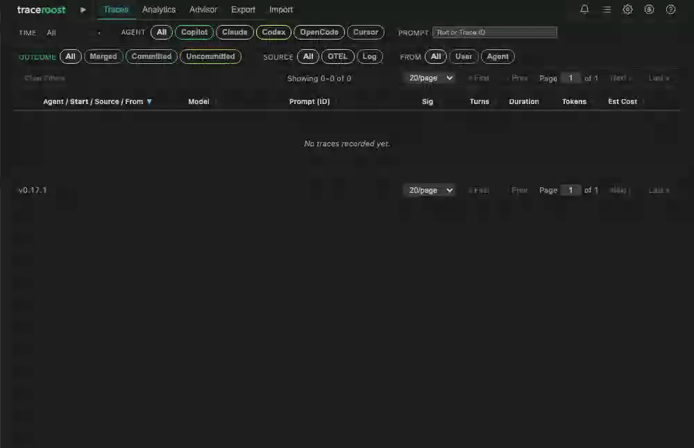 TraceRoost dashboard showing OTEL traces, live run monitoring, and agent observability charts